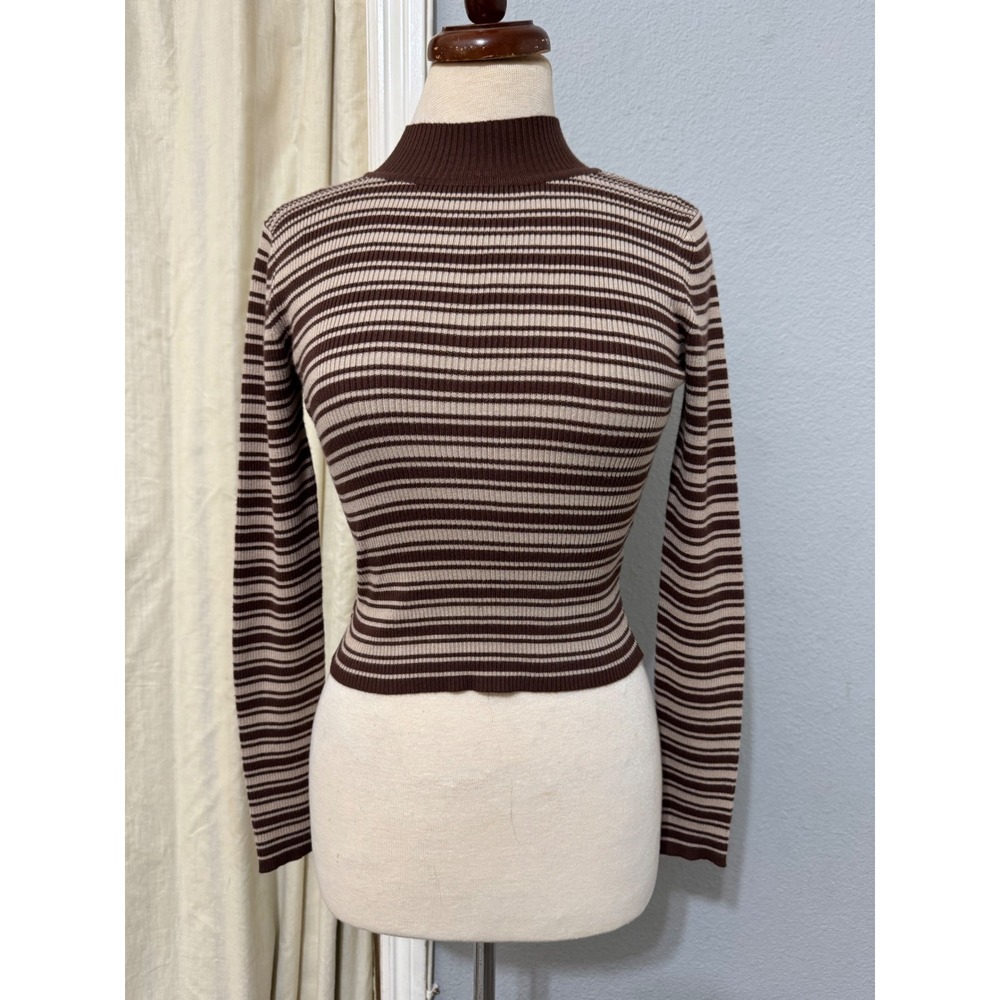 The Slope Brown Striped‎ Ribbed Mock Neck Long Sleeve Top Womens Size Medium Y2K